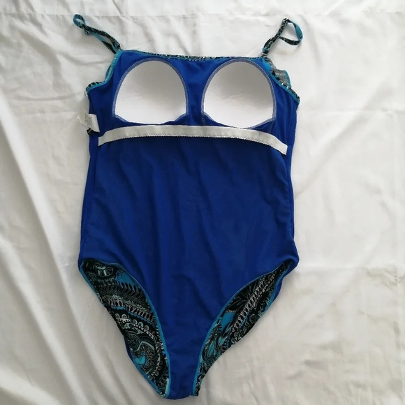 Jantzen Aqua Plus Size Reef Blue Paisley Ruffle One Piece Swim Bathing Suit 14 - Picture 10 of 16